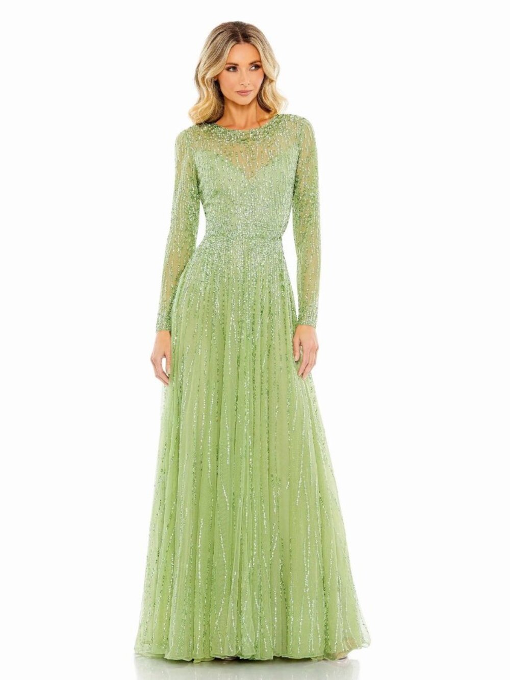 Mac Duggal Size 2 Green 5636 Sequined Long-Sleeve Illusion Formal Gown Dress